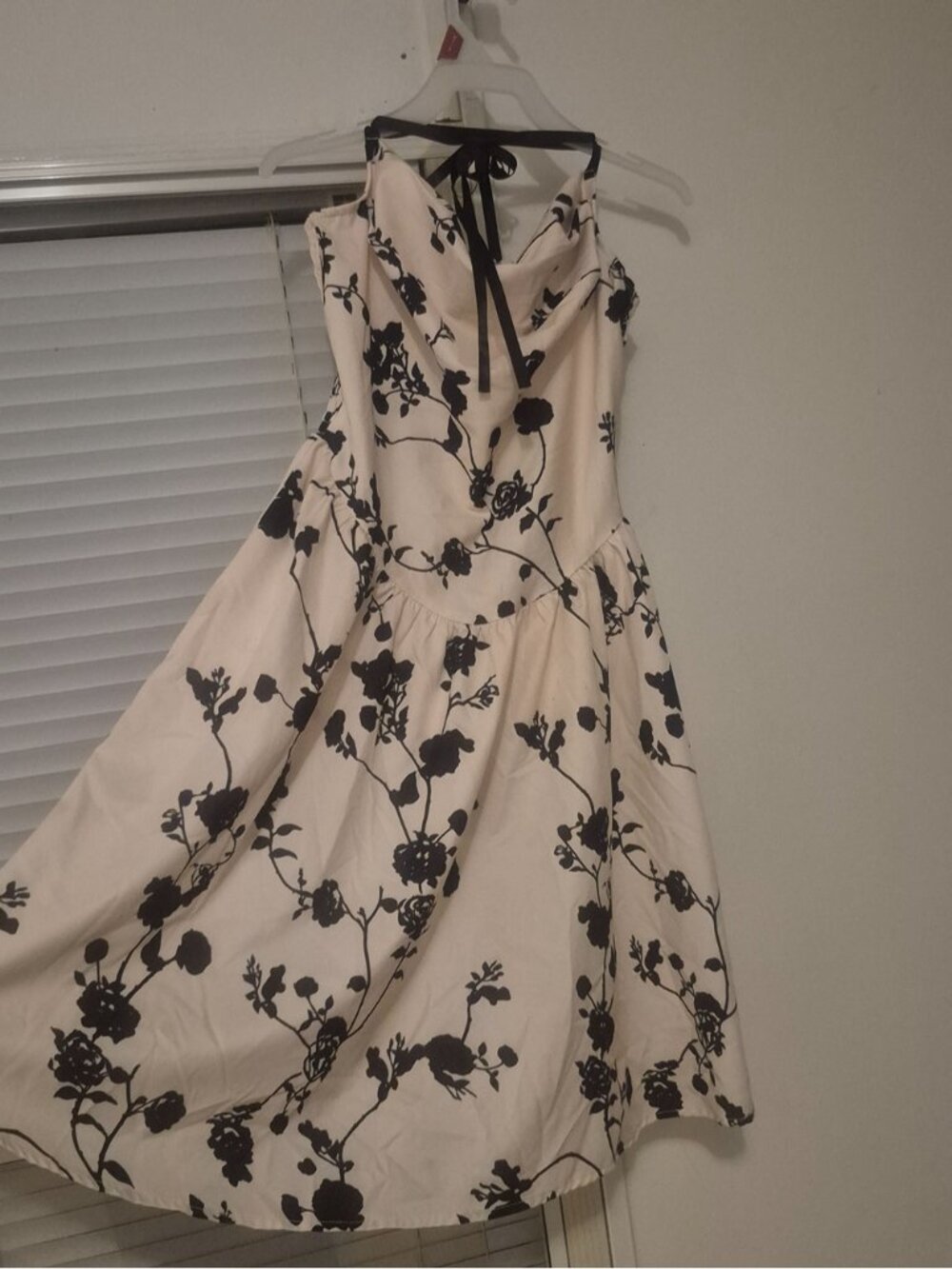 Cream Midi Dress with Black Floral Print and Halter Tie